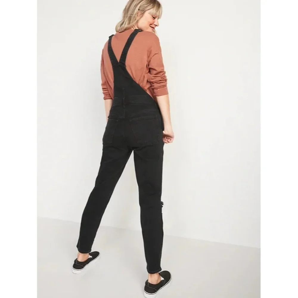 Old Navy Women's Size 12 Petite OG Straight Black Ripped Jean Overalls GUC - Picture 2 of 8